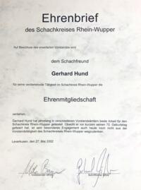 2002 wurde Gerhard Hund auch Ehrenmitglied im Schachkreis Rhein-Wupper