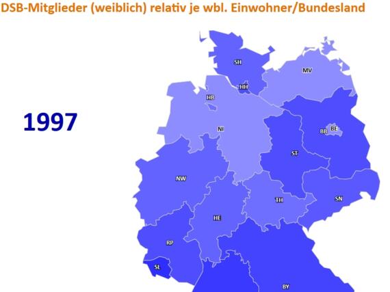 Anteil weiblicher DSB-Mitglieder an der Bevölkerung des jeweiligen Bundeslandes im Jahr 1997. Im Saarland kommen 1,7 Schachspielerinnen auf 10.000 Einwohner, in Niedersachsen und MV nur 0,8.