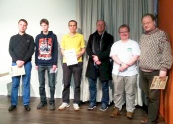 Meisterturnier (v.l.n.r.): GM Kunin (3.), Izso (4.), IM Poetsch (1.), IM Telljohann (5.), IM Carlstedt (6.), GM Schmittdiel