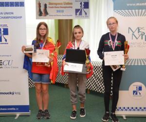 U14w: Stephanie Matasaru (Rumänien, 2. Platz), WCM Viktoria Nadzamova (Slowakei, 1. Platz), Elisa Reuter (3. Platz)